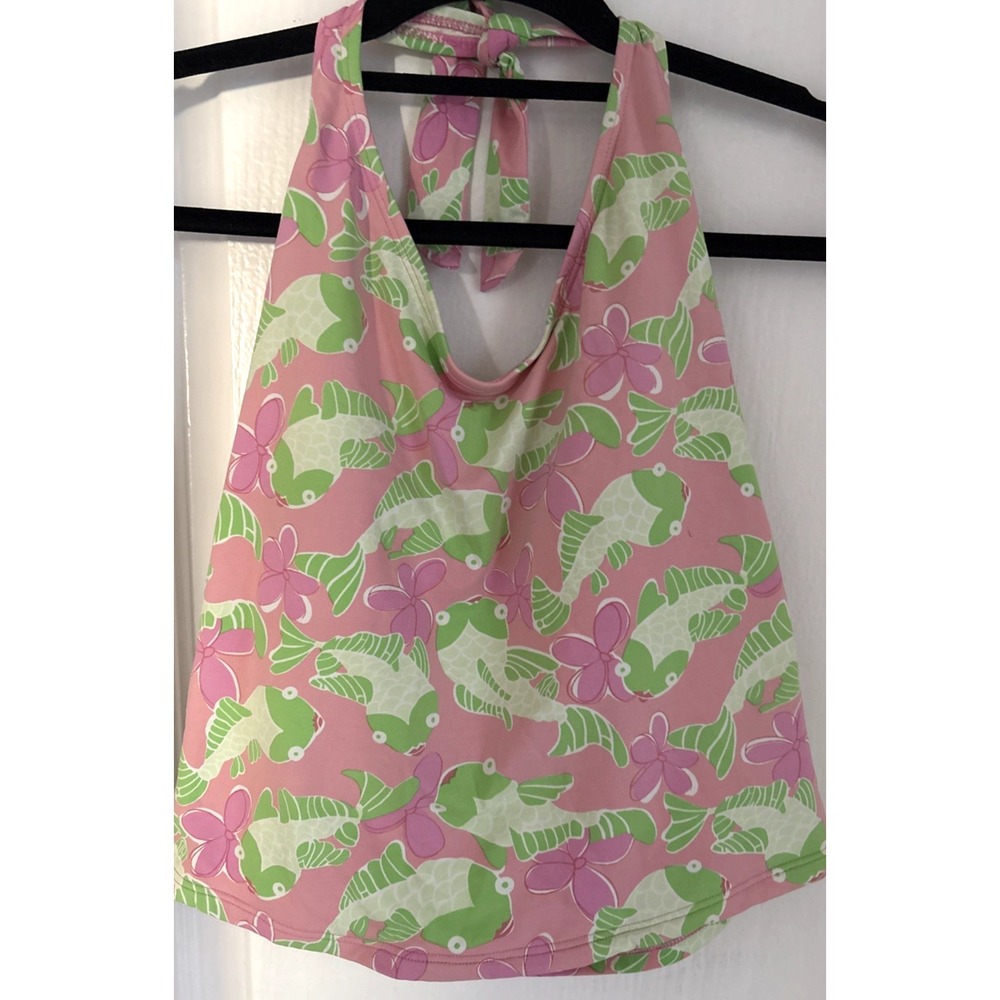 Lilly Pulitzer Womens Fish Print Swim Tankini Top Swim Shelf Bra Green Pink 10